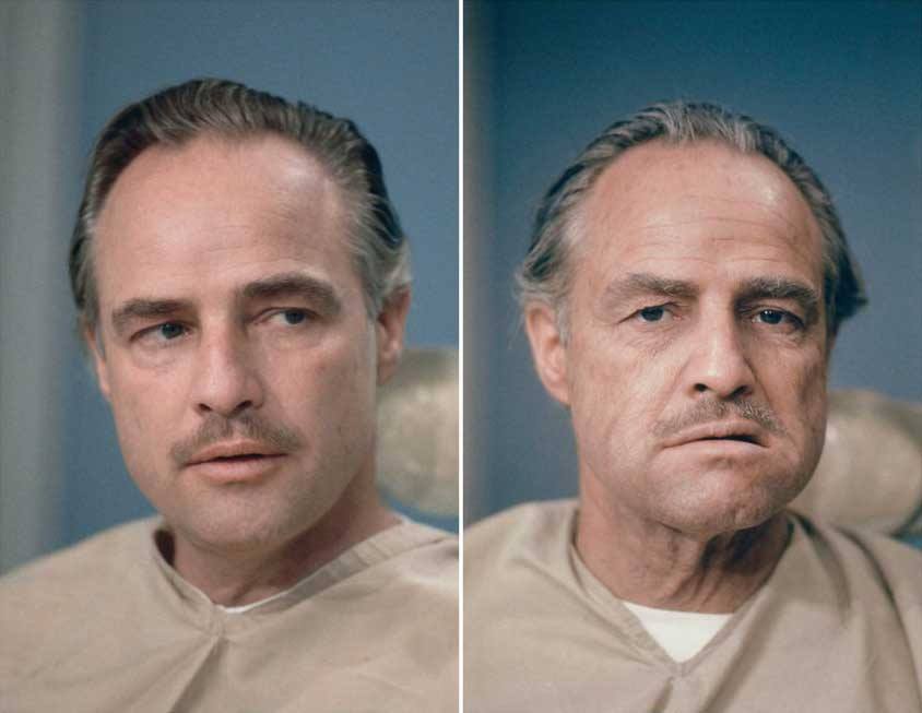Marlon Brando before and after his Don Corleone makeup for The Godfather in 1973.